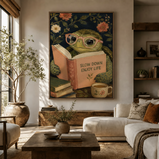 Whimsical turtle reading canvas print displayed in a warm living room above a walnut sideboard – Aurewall wall art