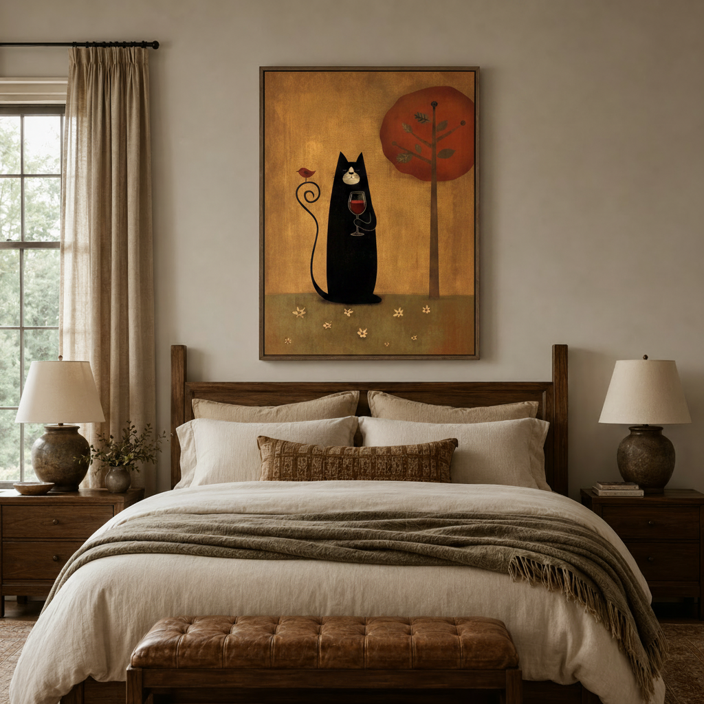 Whimsical wine cat folk art canvas above wooden bed headboard in a cozy warm bedroom
