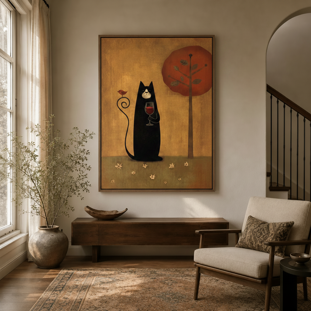 Black cat holding wine glass framed canvas hanging in a warm-toned entryway with arched doorway