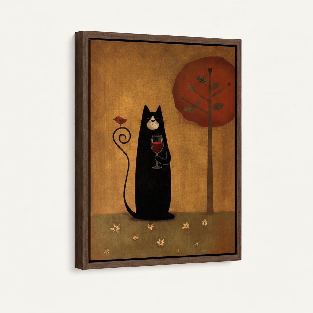 Wine cat canvas in dark walnut float frame, angled product view on white background