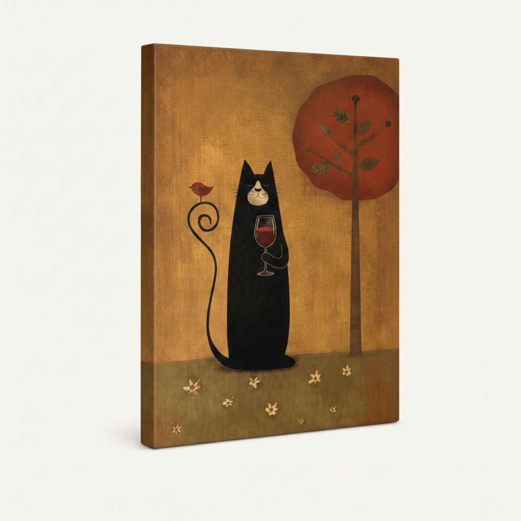 Black cat with wine glass gallery wrap canvas, frameless stretched style, angled view on white background
