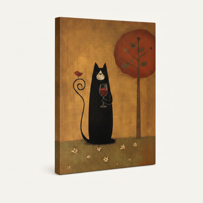 Black cat with wine glass gallery wrap canvas, frameless stretched style, angled view on white background