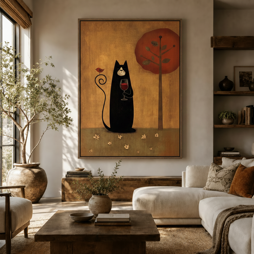 Folk art wine cat canvas wall art displayed in a bright neutral living room with natural light