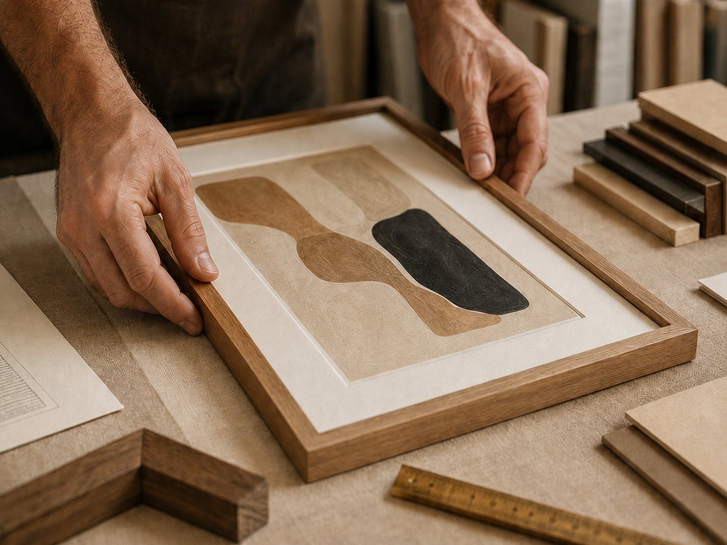 An artisan carefully finishing a walnut picture frame