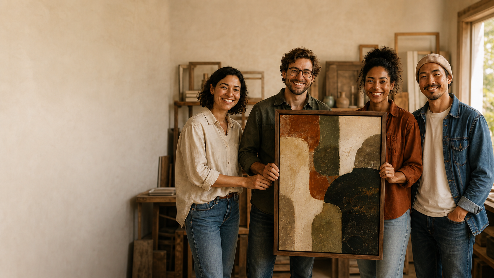 The Aurewall creative team holding a framed abstract artwork